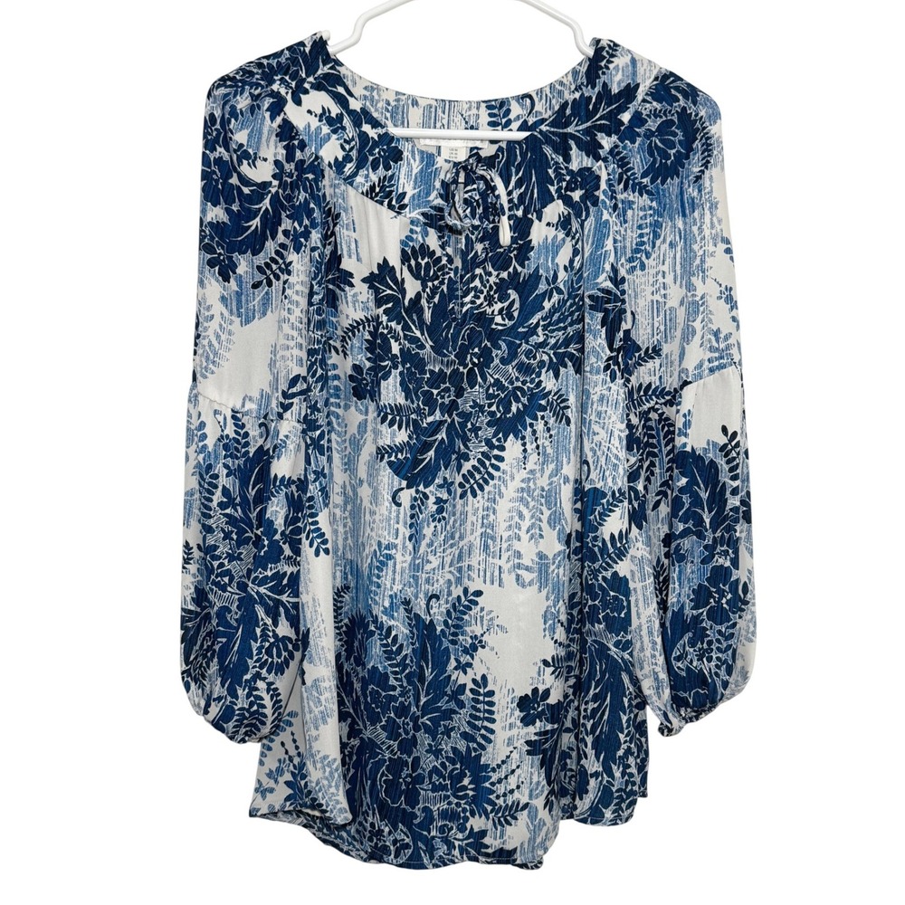 London Times Peasant Blouse Blue Floral Toile Balloon Sleeve Women Medium Fair